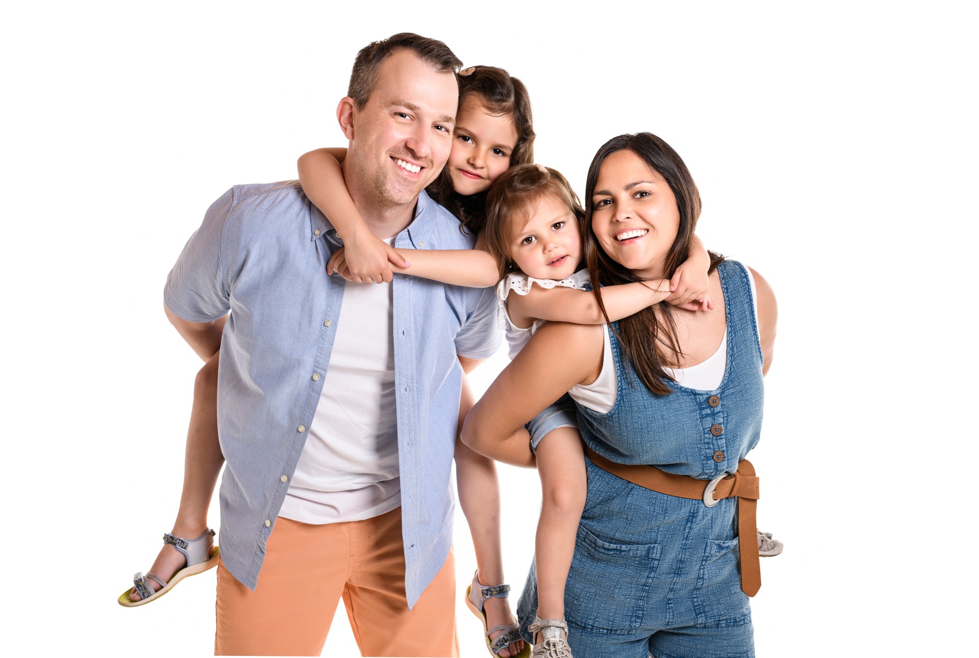 family with his two daughter girl on studio white background